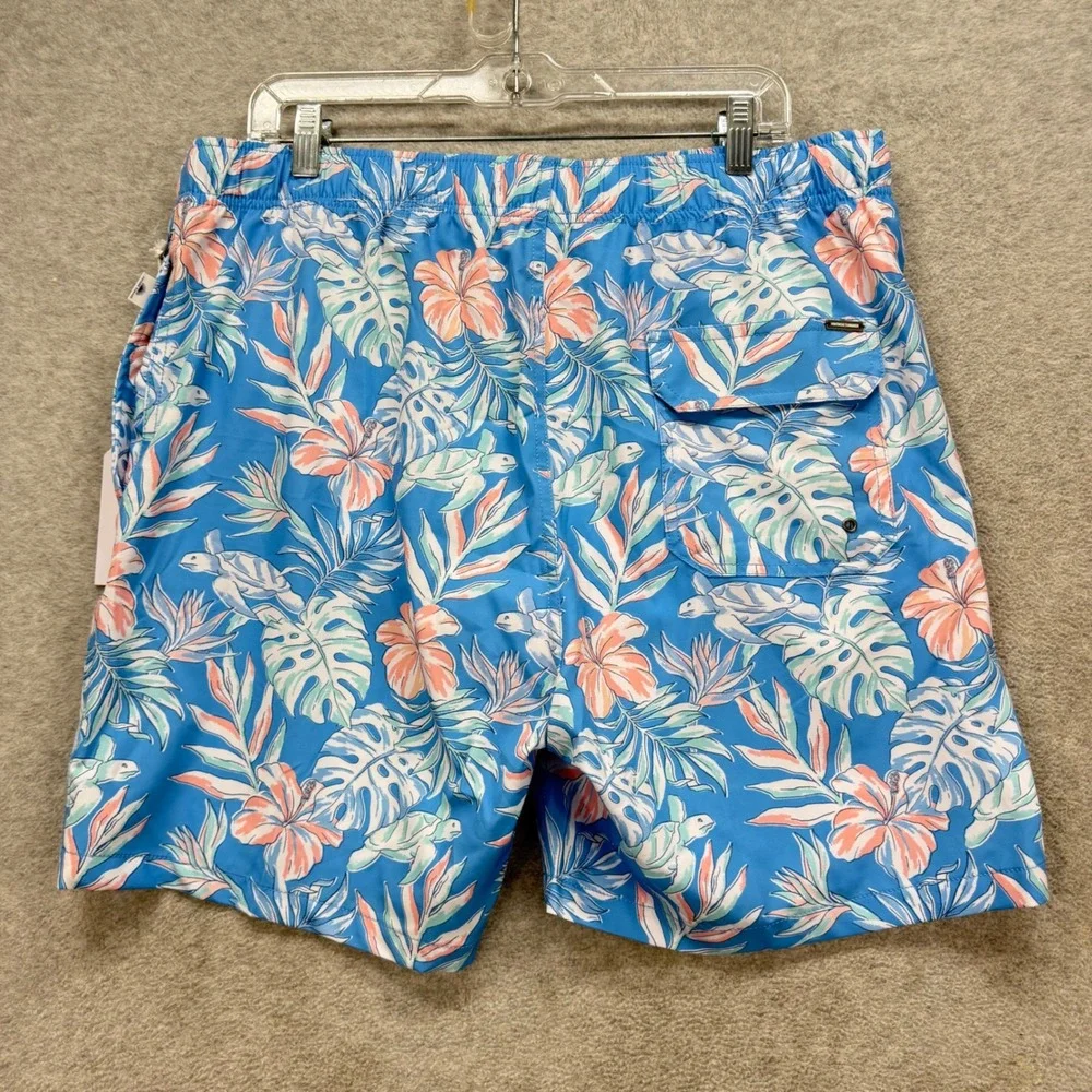 Vintage Summer Swim Trunks Men XXL Blue Tropical Turtle Floral Volley Shorts NEW